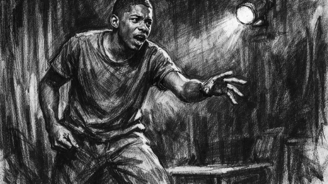 Mladi Idris Elba na kazališnoj pozornici u ugalj stilu, snažan kontrast i dramatične linije