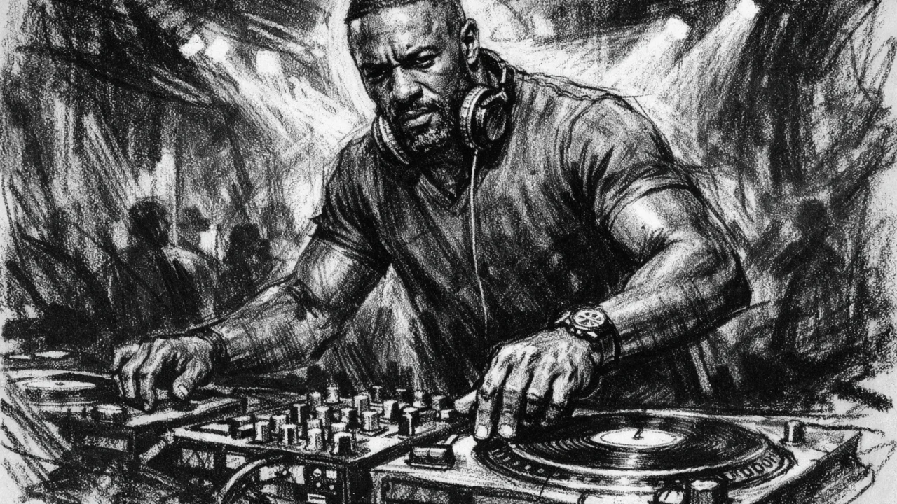 Idris Elba kao DJ Big Driis prikazan u ugalj stilu, crno-bijela glazbena scena s izražajnim potezima