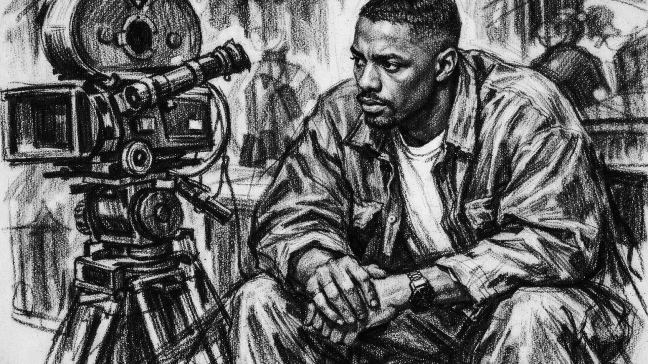 Počeci glumačke karijere Idrisa Elbe na setu prikazani u ugalj stilu, crno-bijeli umjetnički prikaz