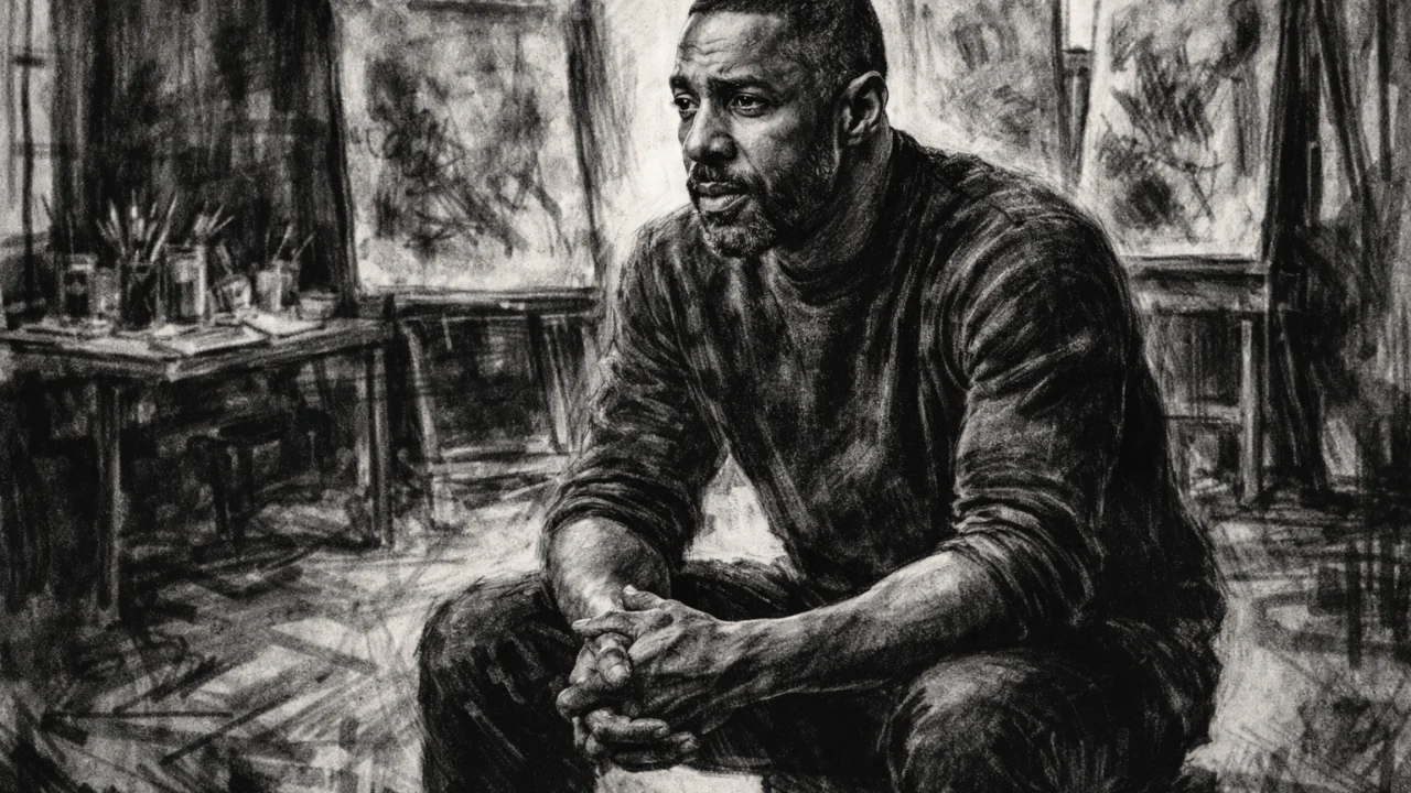 Zreliji Idris Elba u razmišljanju, prikazan u ugalj stilu s jakim crno-bijelim kontrastom