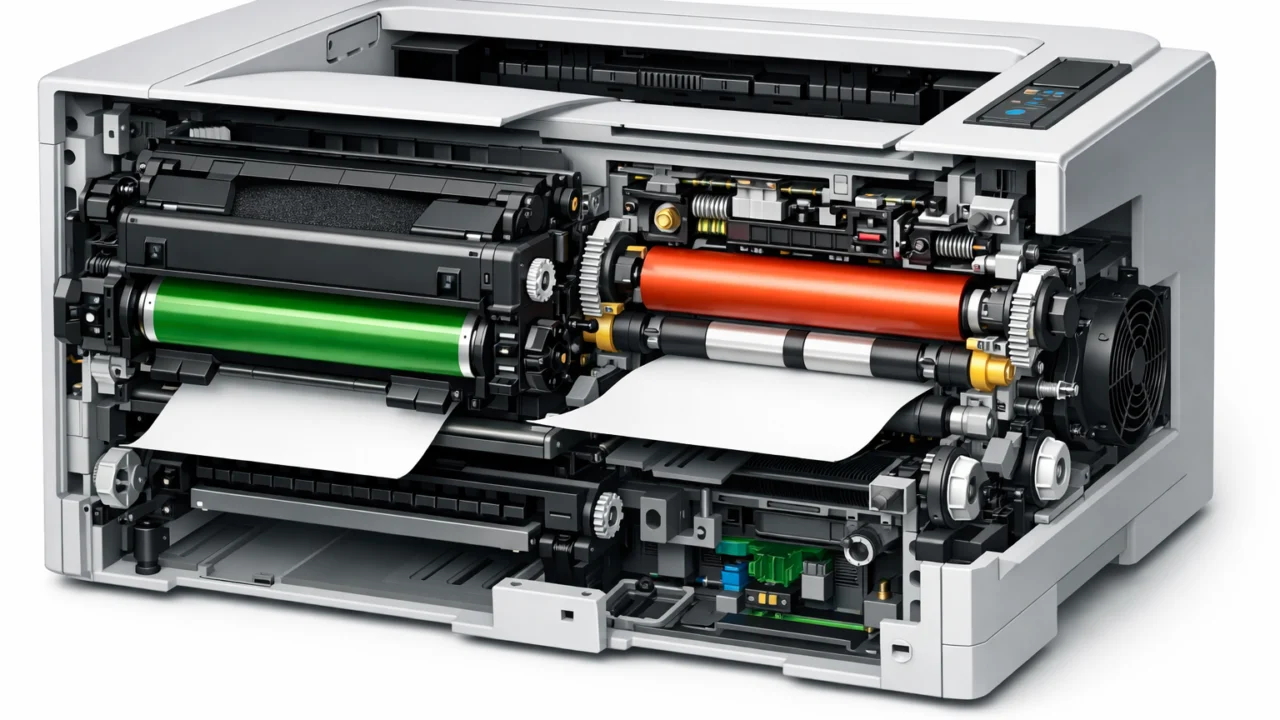 Unutrašnjost laserskog printera s tonerom i grijačkim fuserom za brzo ispisivanje