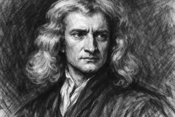 Portret Isaaca Newtona u uložnom ugalj stilu, crno-bijeli prikaz s jakim kontrastima i izražajnim linijama.