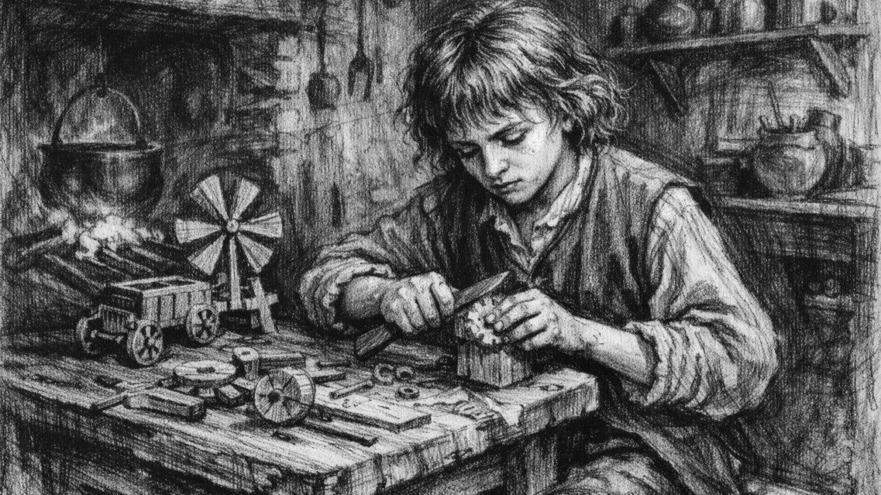 Mladi Isaac Newton u djetinjstvu u ruralnom okruženju, prikazan u ugalj stilu s naglašenim crno-bijelim kontrastom.