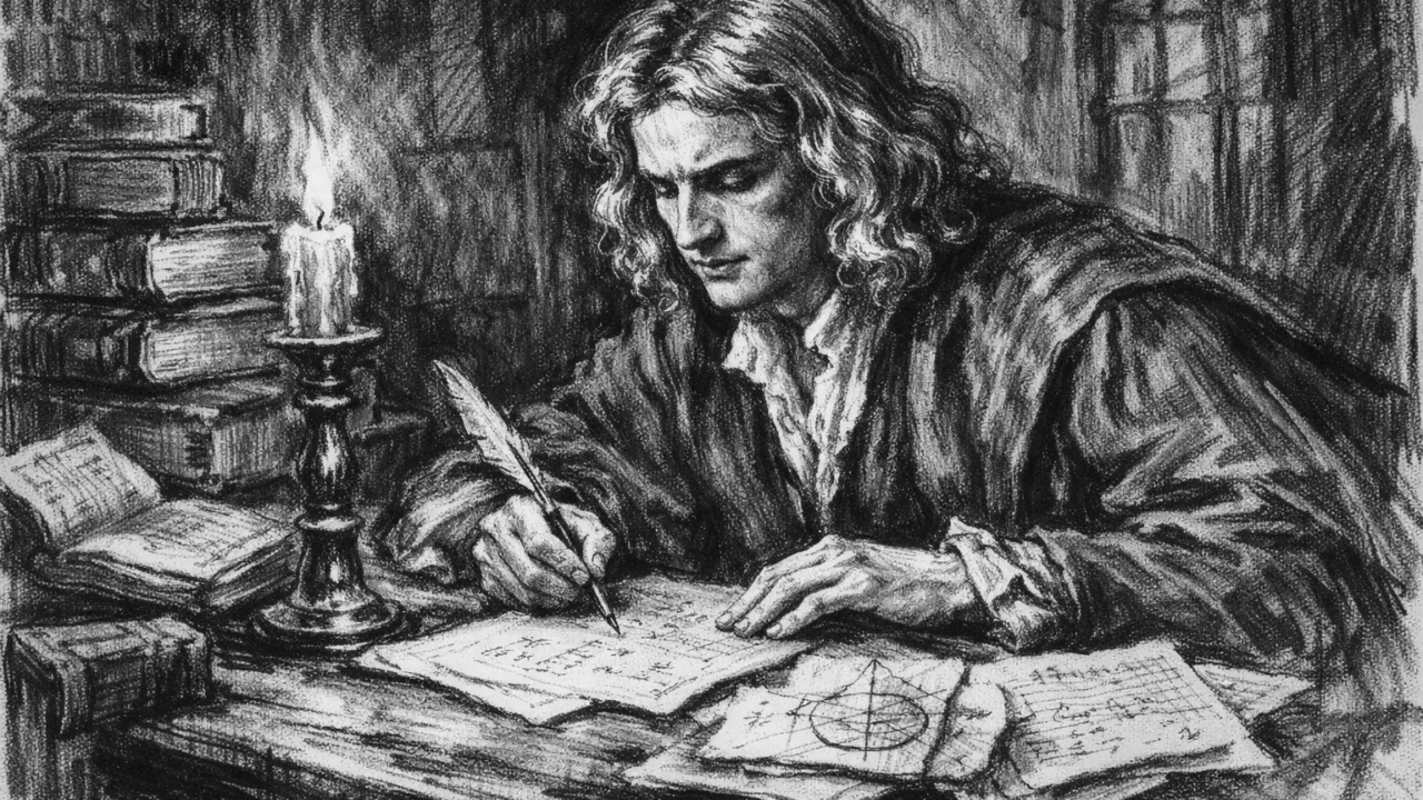 Isaac Newton kao student na Cambridgeu, kako proučava knjige, prikazan u ugalj stilu s izražajnim linijama.