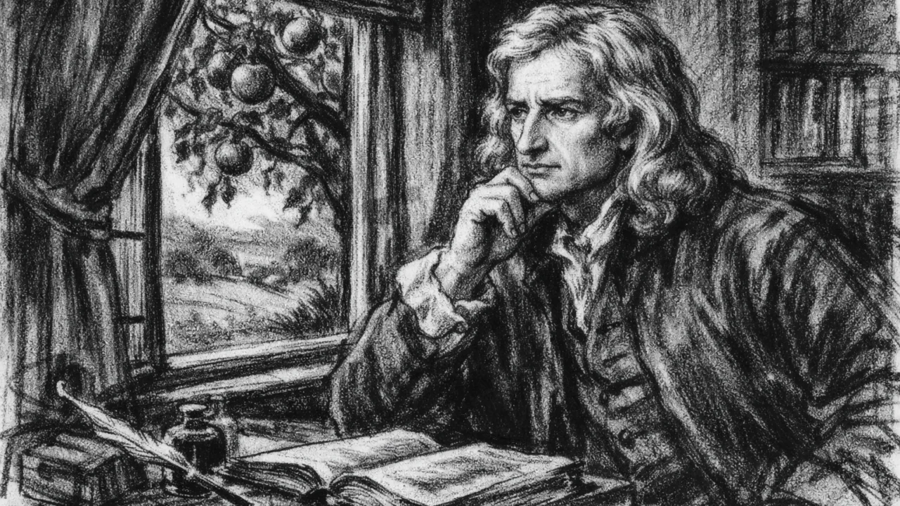 Isaac Newton tijekom čudesne godine u Woolsthorpeu uz promatranje prirode, izvedeno u ugalj stilu.