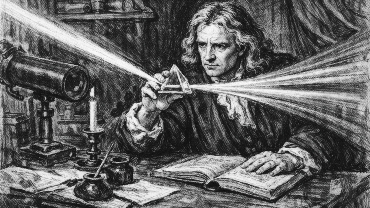 Isaac Newton pri provođenju optičkih eksperimenata s prizmama, prikazan u detaljnom ugalj stilu.