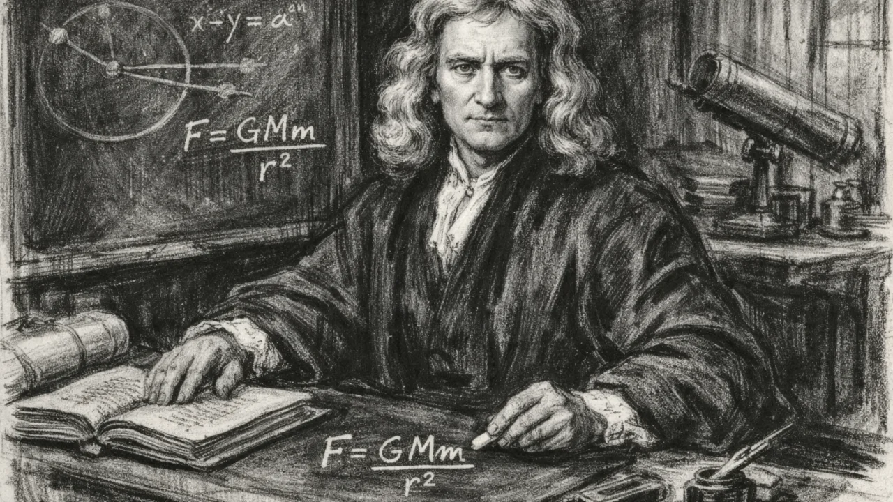 Zreli Isaac Newton kao Lucasian profesor matematike, prikazan u klasičnom ugalj stilu s jakim kontrastom.