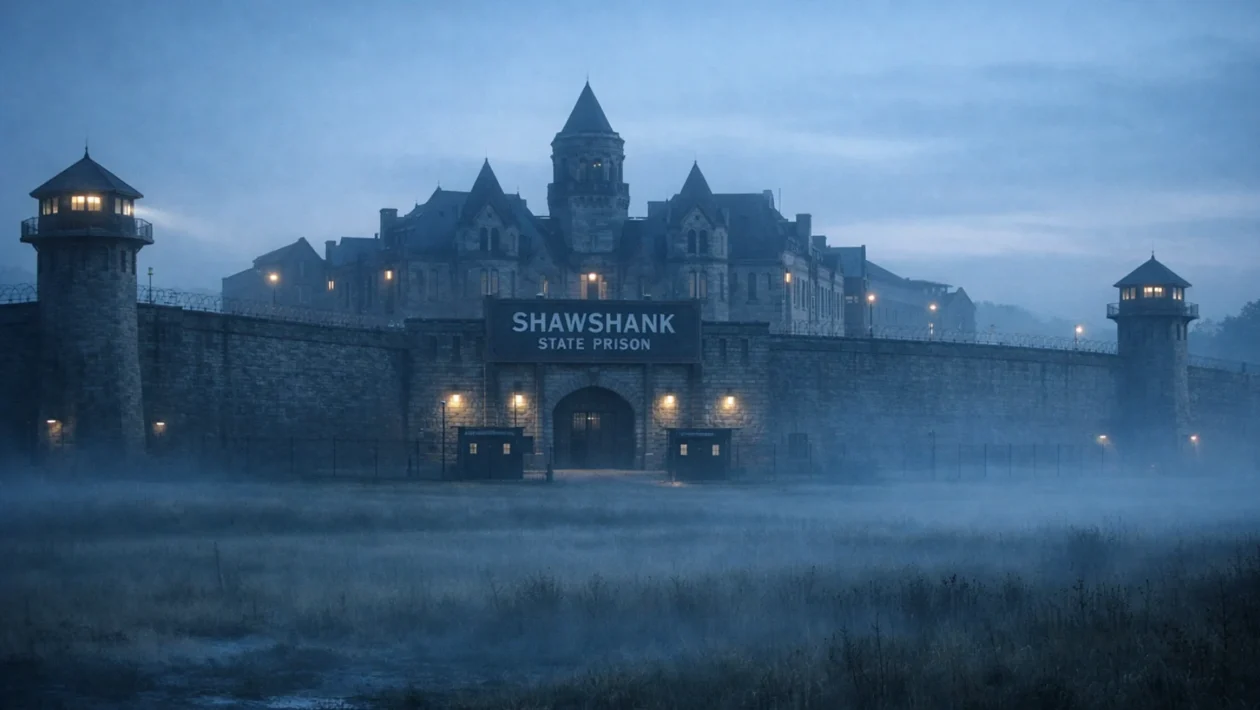 Zatvor Shawshank u zoru, masivne kamene zidine i sumorna atmosfera koja simbolizira izolaciju i temu filma