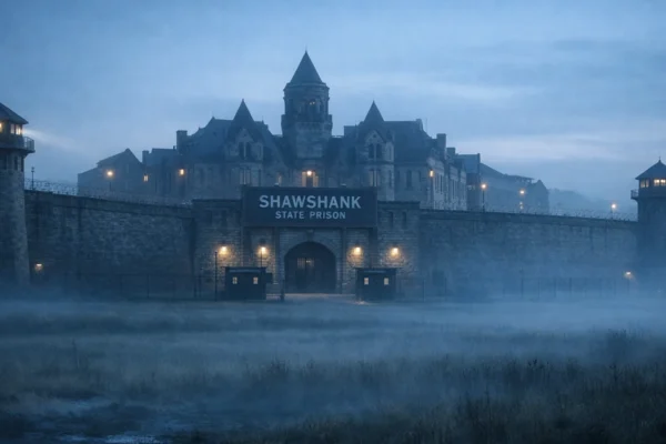 Zatvor Shawshank u zoru, masivne kamene zidine i sumorna atmosfera koja simbolizira izolaciju i temu filma