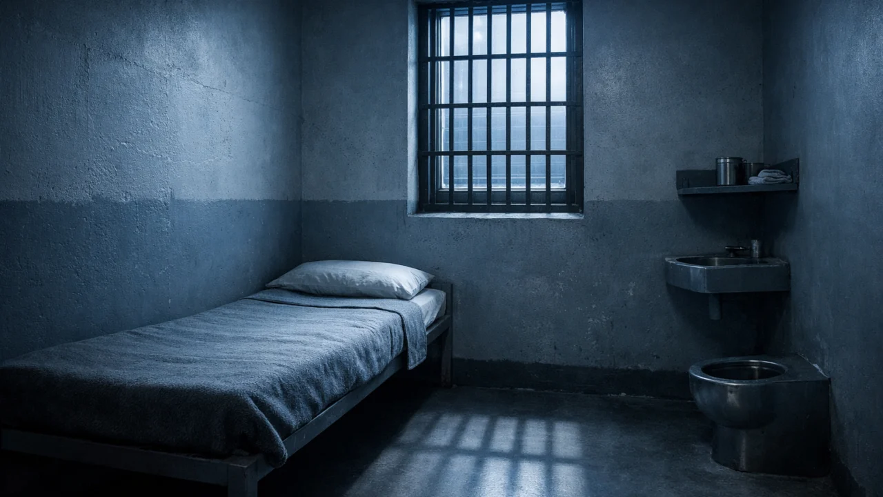 Zatvorska ćelija u Shawshanku s hladnim svjetlom i sivim tonovima koji naglašavaju institucionalizaciju