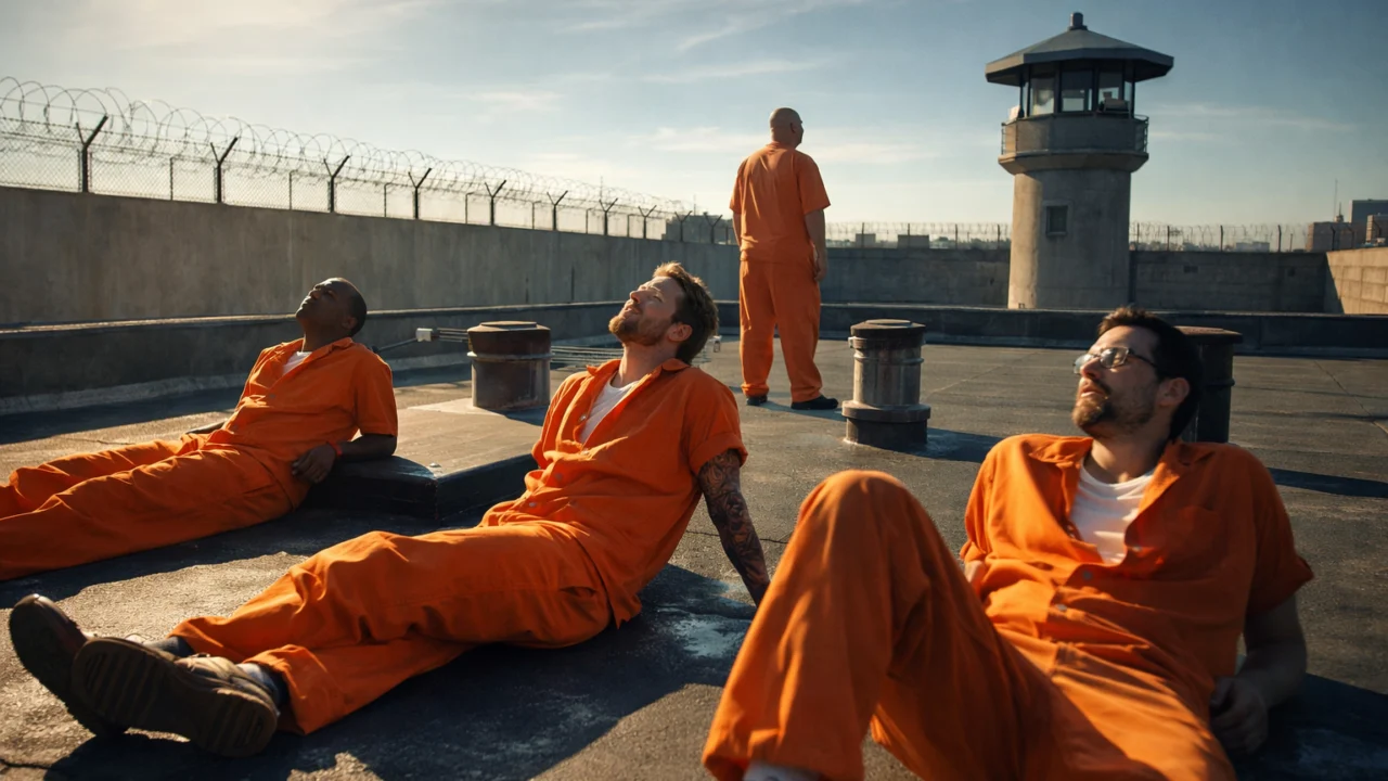 Zatvorenici na krovu Shawshanka tijekom rijetkog trenutka slobode i nade u zatvorskoj rutini