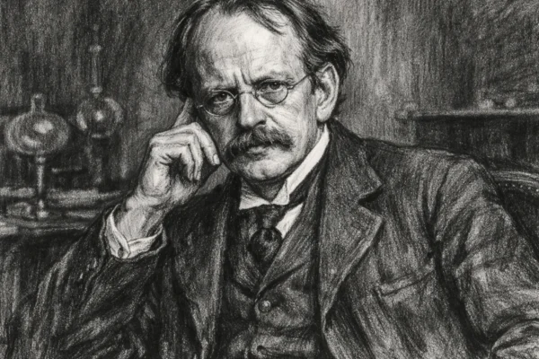 Portret J.J. Thomsona u ugalj stilu, crno-bijeli prikaz znanstvenika s naglašenim kontrastom i izražajnim linijama.
