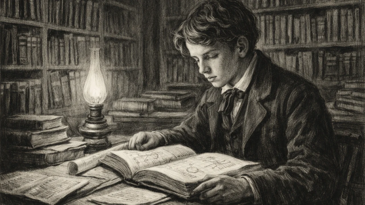 Mladi J.J. Thomson u dječačkoj dobi kako proučava knjige u knjižari, prikaz u ugalj stilu s jakim kontrastom.