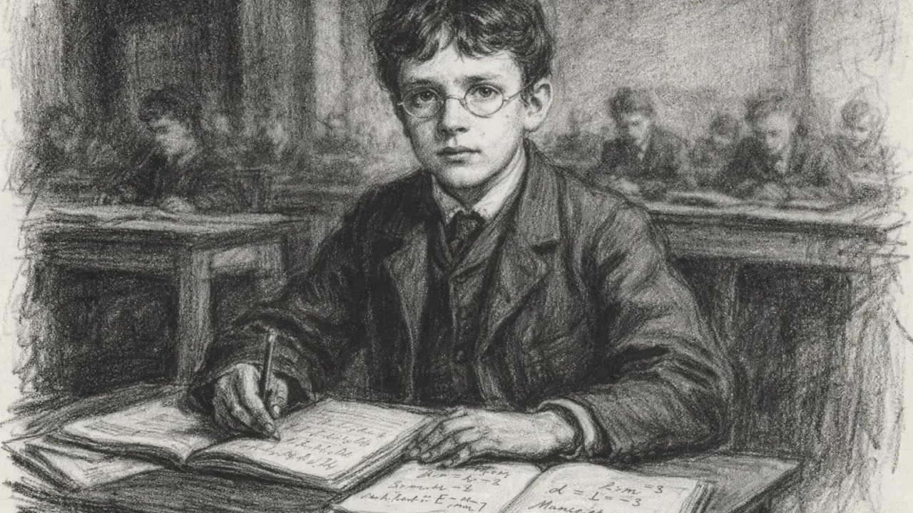 J.J. Thomson kao mladi student u učionici Owens Collegea, scena nacrtana u ugalj stilu.