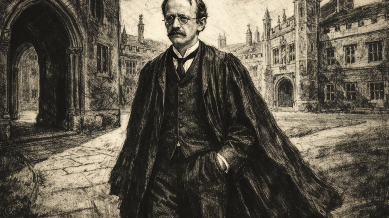 J.J. Thomson tijekom studija na Cambridgeu, realistično prikazan u ugalj stilu s naglašenim svjetlom i sjenama.