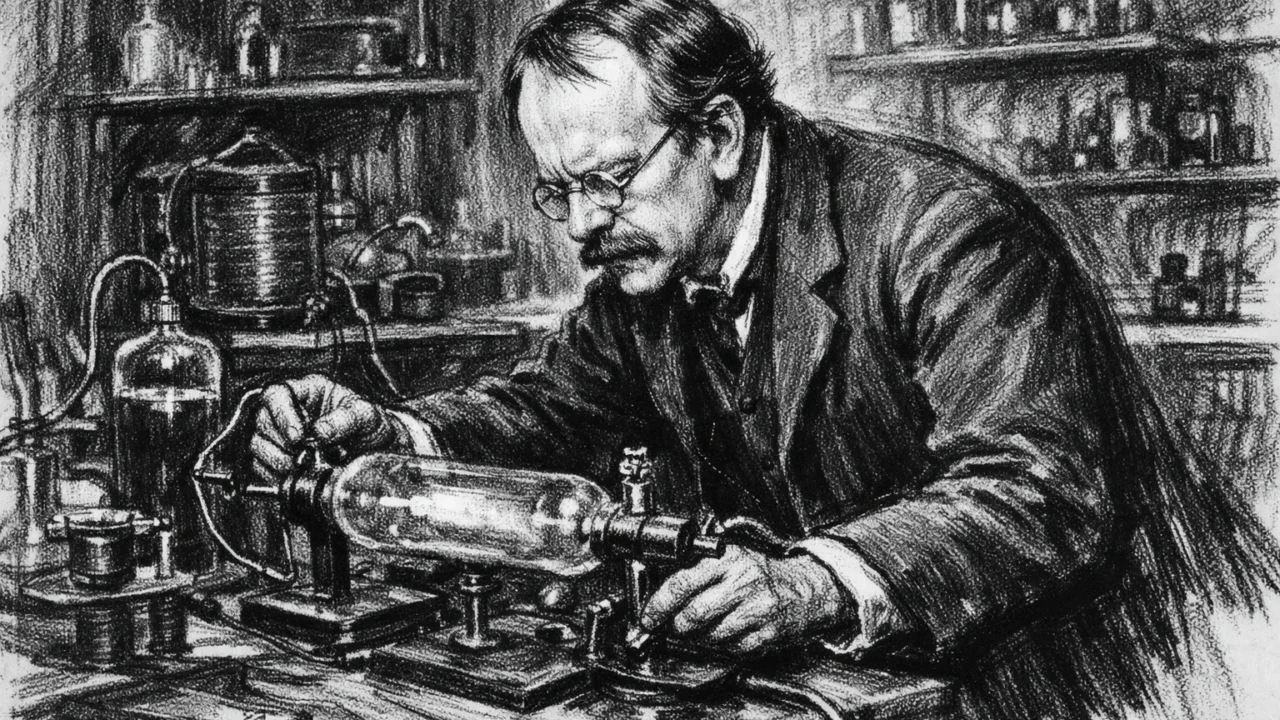 J.J. Thomson u Cavendish laboratoriju tijekom znanstvenih eksperimenata, prikaz u ugalj stilu.