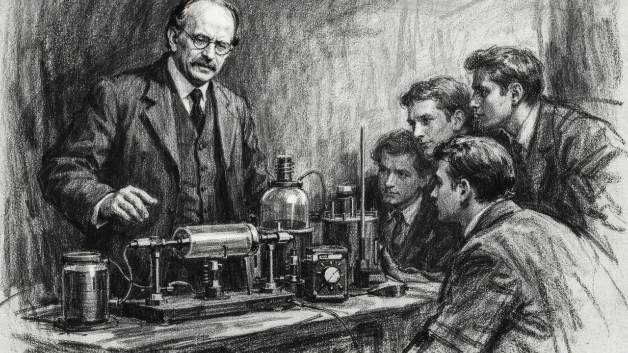 J.J. Thomson kao profesor okružen studentima u laboratoriju, umjetnički prikaz u ugalj stilu.