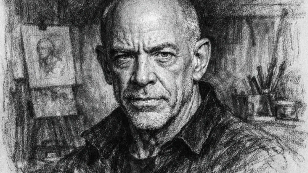 Portret J.K. Simmonsa u ugalj stilu, crno-bijela ilustracija snažnog izraza lica i karaktera