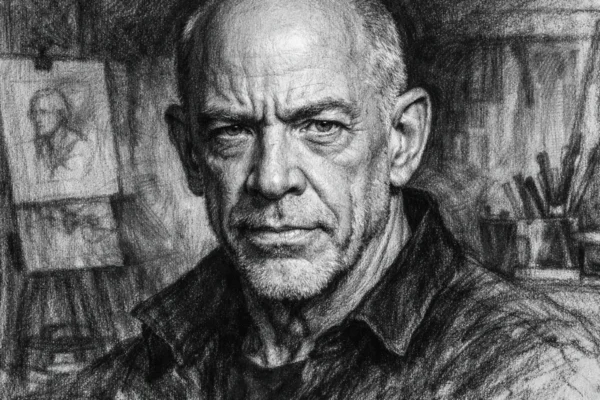 Portret J.K. Simmonsa u ugalj stilu, crno-bijela ilustracija snažnog izraza lica i karaktera