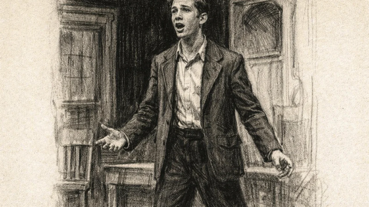 Mladi J.K. Simmons u školskom kazalištu, prikazan u ugalj stilu s naglaskom na ranu glumačku strast