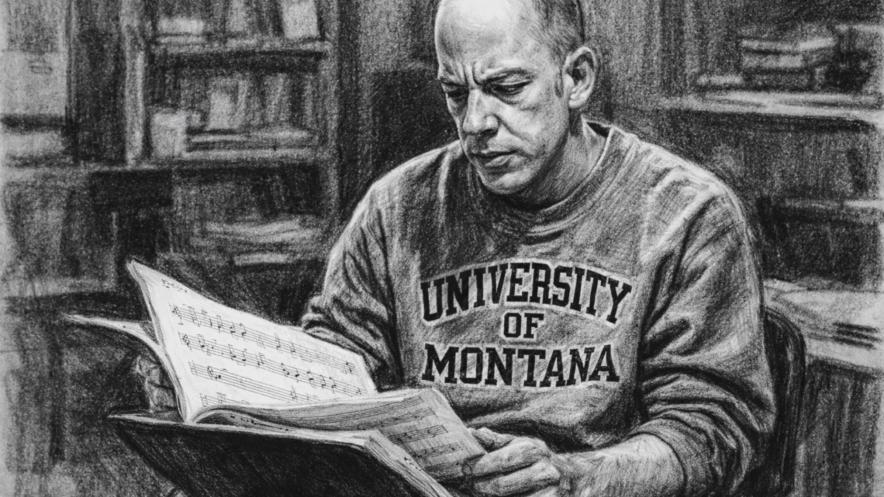 J.K. Simmons tijekom studija glazbe, ilustriran u ugalj stilu s notnim zapisima i akademskom atmosferom