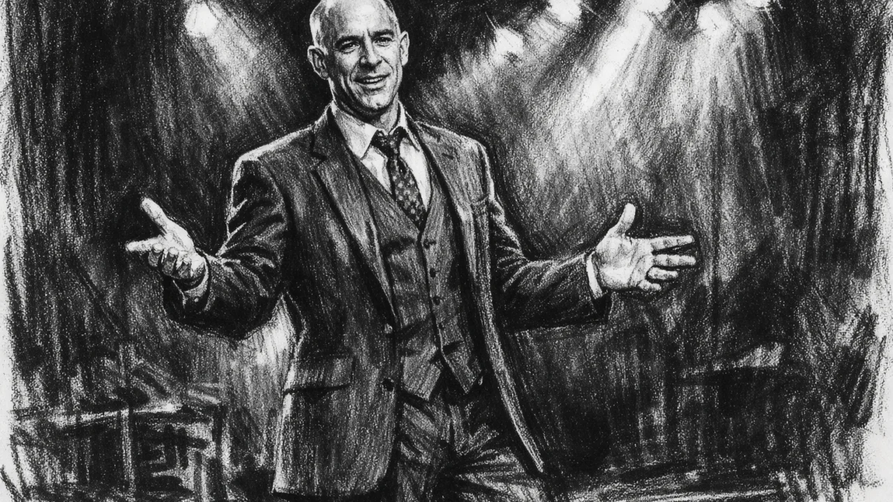 J.K. Simmons na Broadwayu, scenski portret u crno-bijelom ugalj stilu