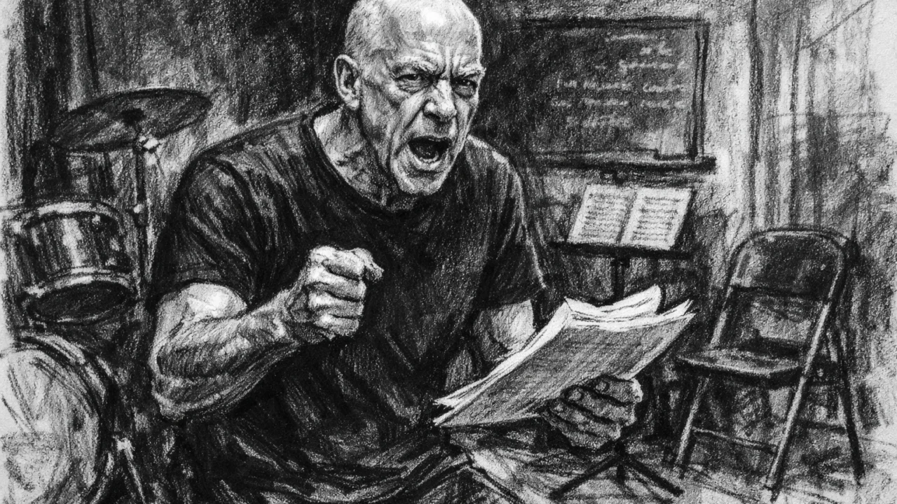 Zrela faza karijere J.K. Simmonsa u procesu rada, prikazana u ugalj stilu s naglaskom na disciplinu