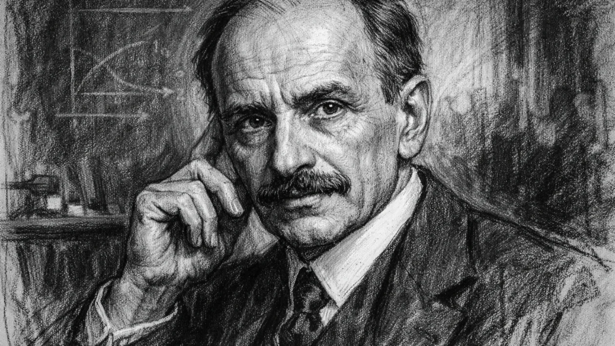 Portret Jacquesa Hadamarda urealiziran u crno-bijelom crtežu ugalj stilom, visokog kontrasta i izražajnih linija.