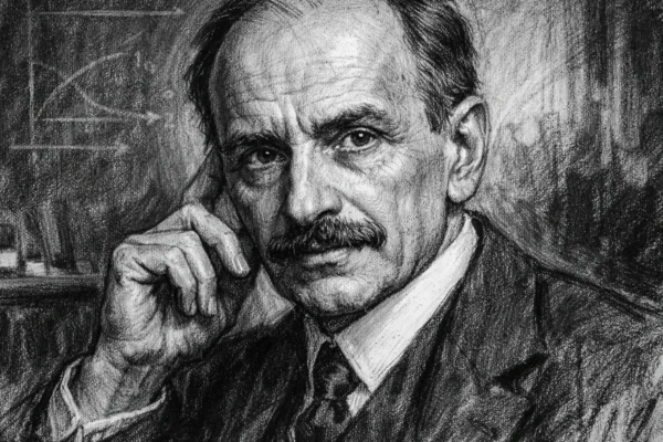 Portret Jacquesa Hadamarda urealiziran u crno-bijelom crtežu ugalj stilom, visokog kontrasta i izražajnih linija.