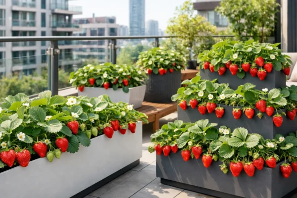 Uzgoj jagoda na balkonu u posudama s obilnim plodovima, sunčani urbani balkon i zdrav rast biljaka