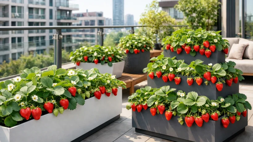 Uzgoj jagoda na balkonu u posudama s obilnim plodovima, sunčani urbani balkon i zdrav rast biljaka