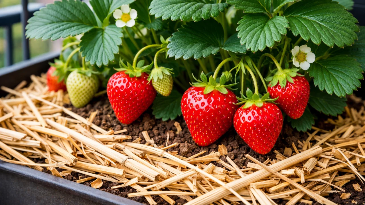 Malčiranje jegoda slamom u posudi na balkonu za zadržavanje vlage i čiste, zdrave plodove