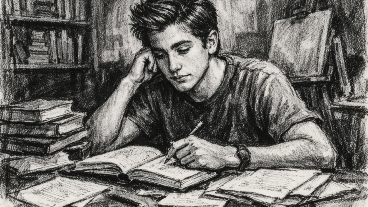 Jake Gyllenhaal tijekom obrazovanja, prikazan kako uči u uglj stil crno-bijelom crtežu.
