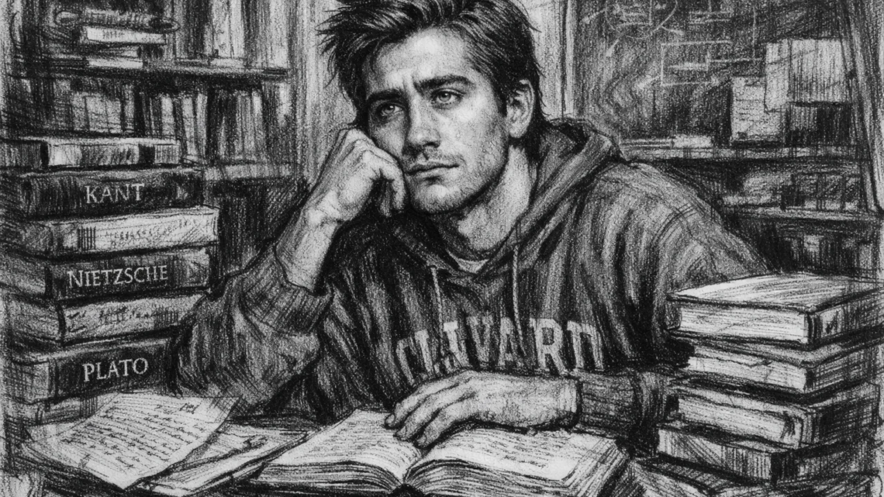 Jake Gyllenhaal kao student filozofije prikazan u umjetničkom uglj stil crtežu.