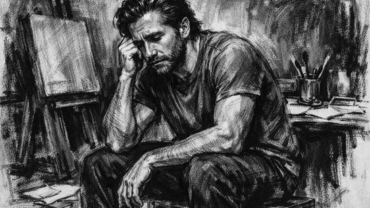 Refleksivni trenutak Jakea Gyllenhaala prikazan u dramatičnom uglj stil crtežu.