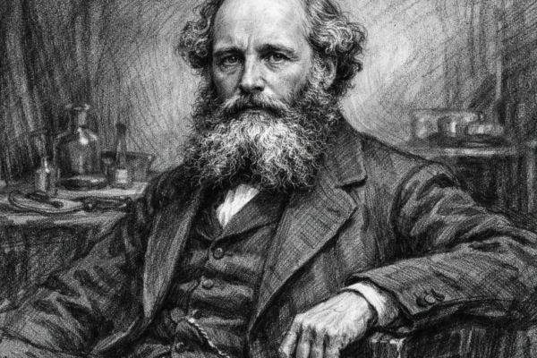 Portret Jamesa Clerka Maxwella u ugljenom stilu, crno-bijeli umjetnički prikaz znanstvenika s naglašenim kontrastom.