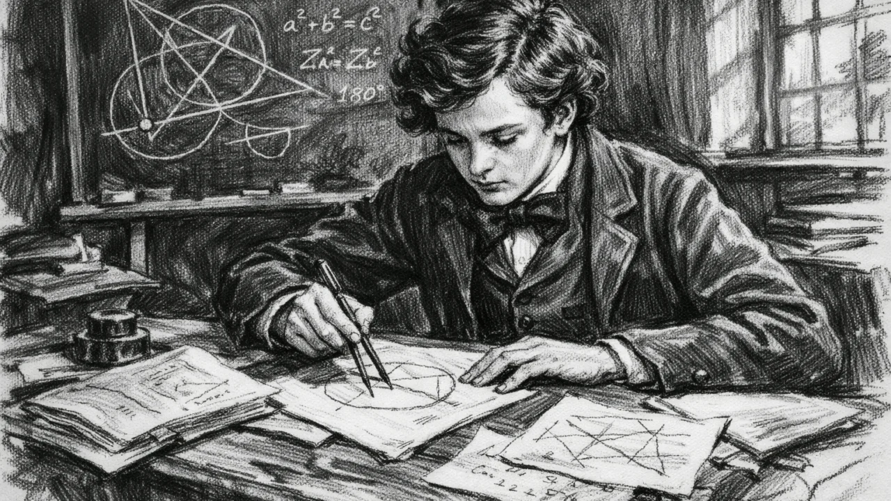 James Clerk Maxwell kao učenik u školi, prikaz rada na geometriji u ugljenom stilu.