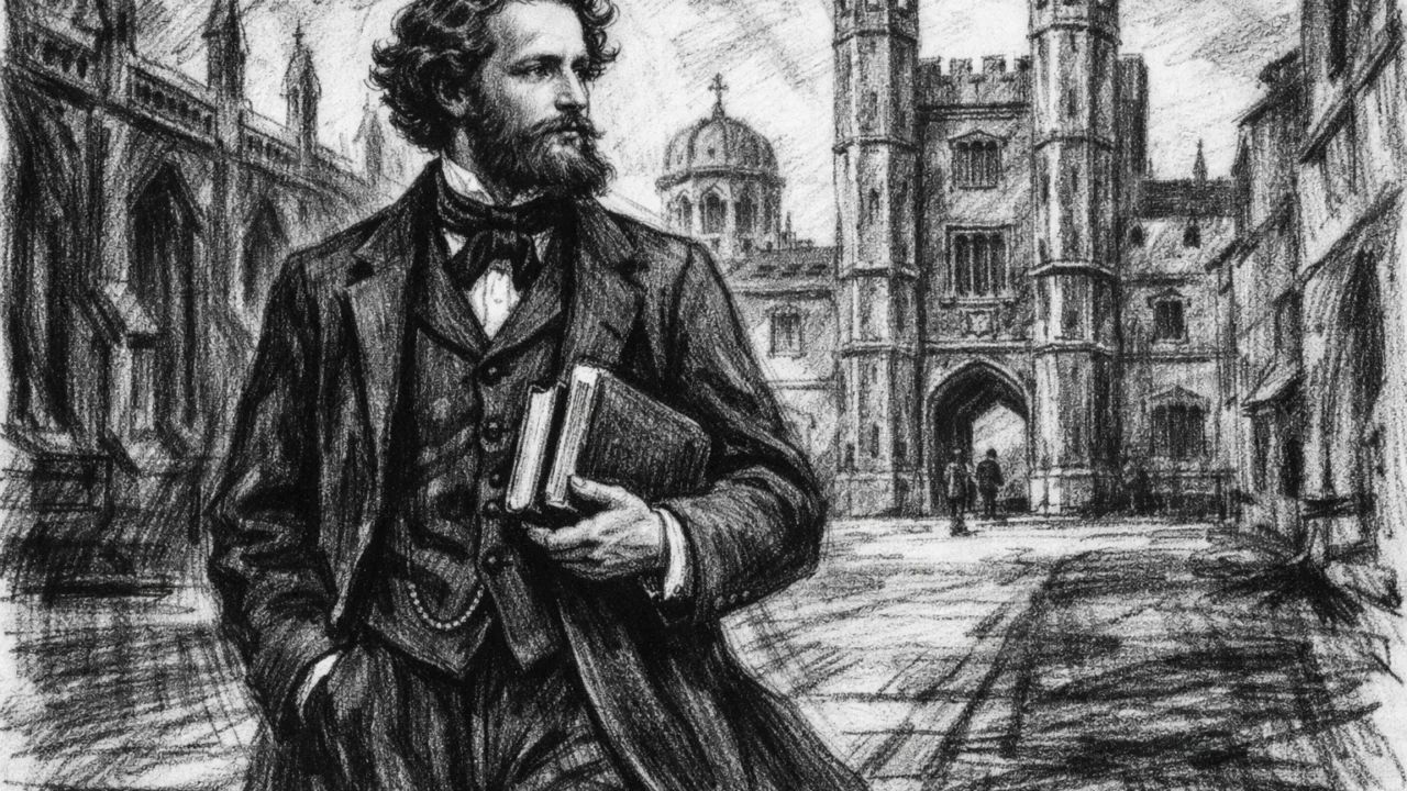 James Clerk Maxwell tijekom studija na Cambridgeu, povijesna scena u ugljenom stilu.