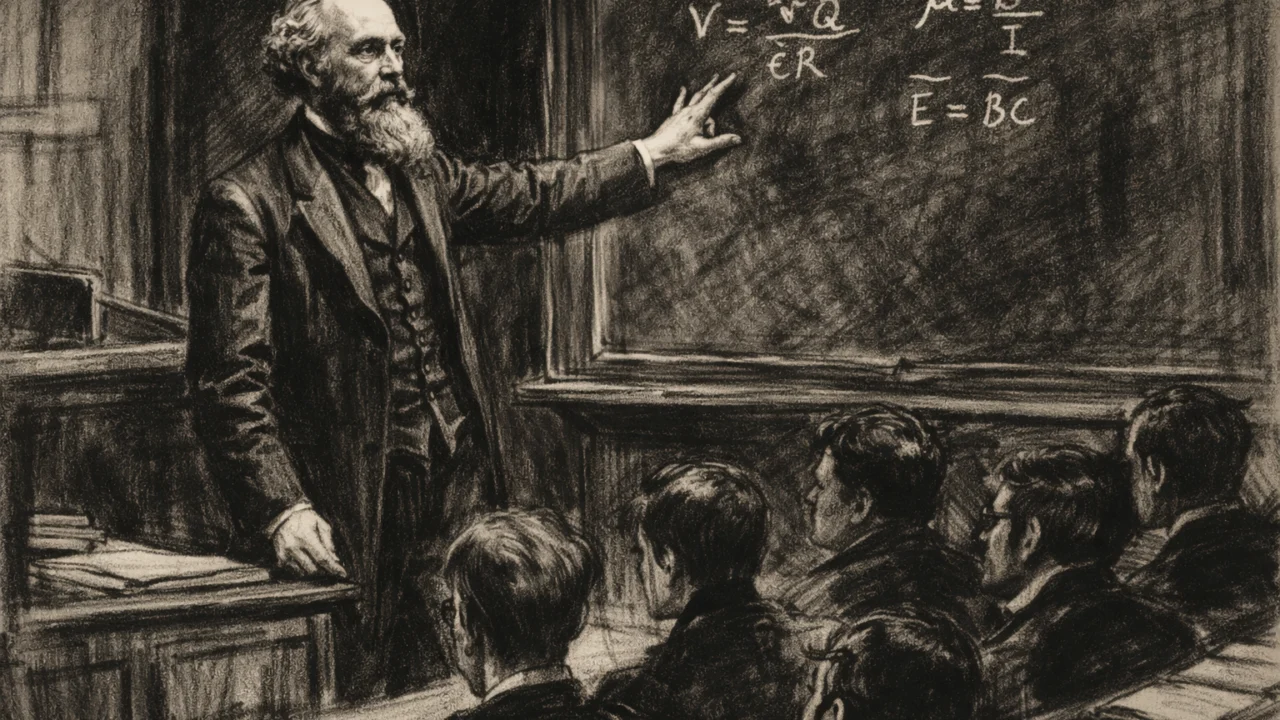James Clerk Maxwell kao profesor prirodne filozofije, prikazan u učionici u ugljenom stilu.