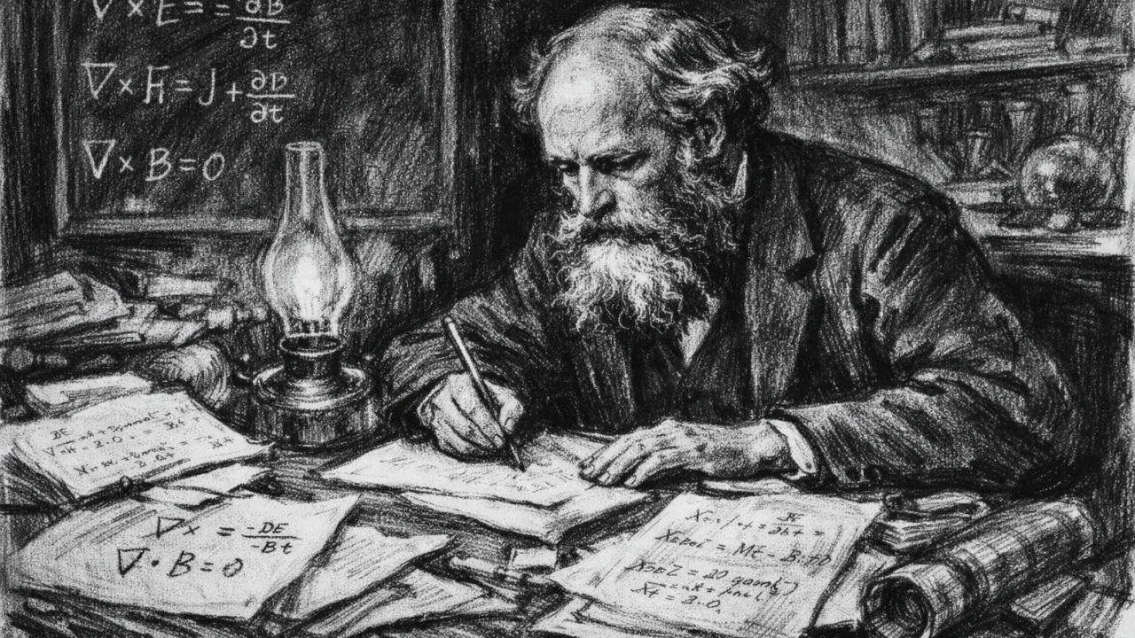 James Clerk Maxwell dok radi na znanstvenim teorijama, dramatičan prizor izrađen u ugljenom stilu.