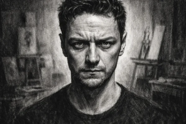 Portret Jamesa McAvoya u ugalj stilu, crno-bijeli portret s jakim kontrastom i izražajnim linijama