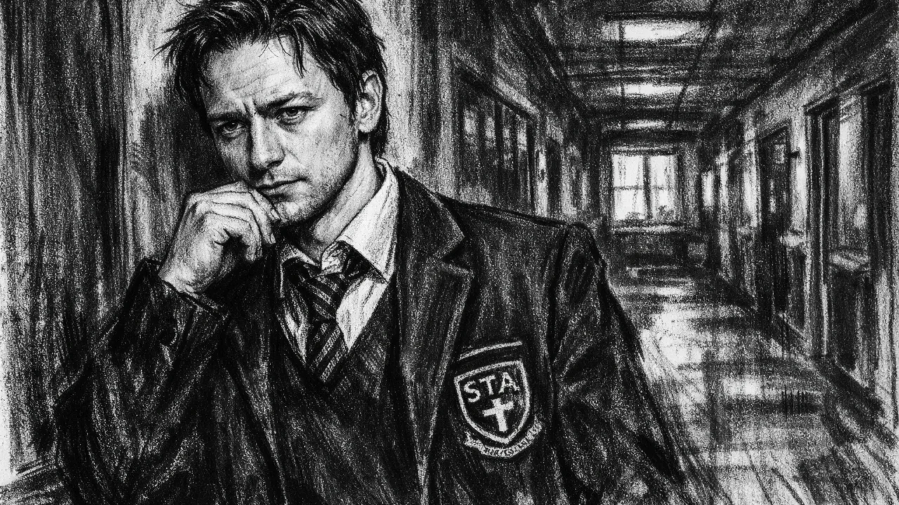James McAvoy u školskim danima u katoličkoj školi, nacrtano u dramatčnom ugalj stilu
