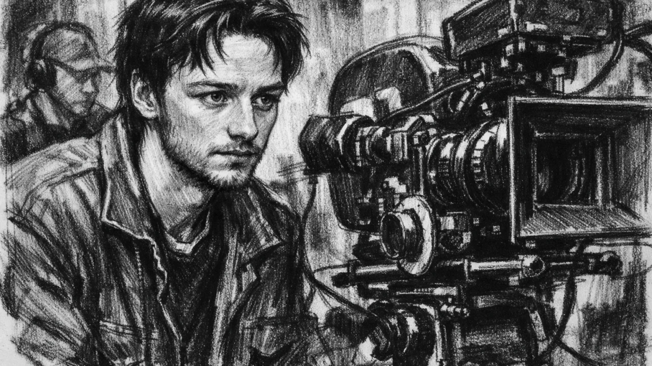 Rani početak karijere Jamesa McAvoya na filmskom setu, prikaz u ugalj stilu