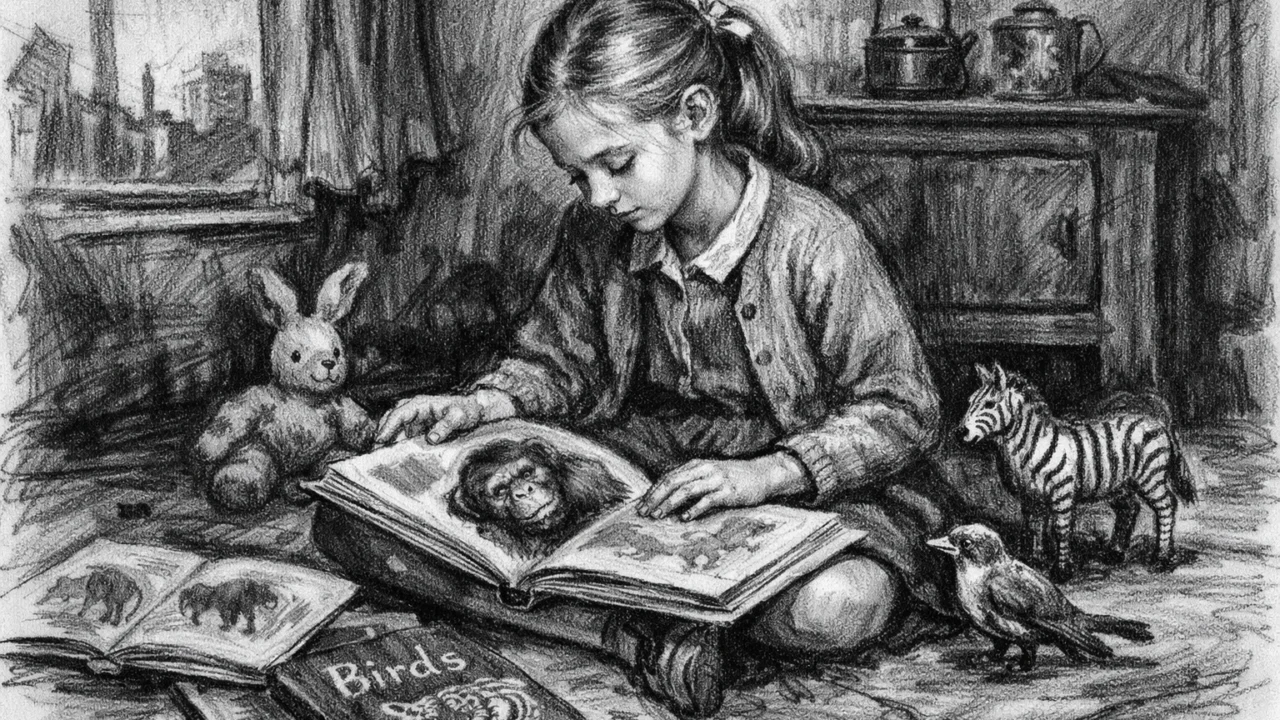 Jane Goodall kao djevojčica koja pokazuje rani interes za životinje, prikazana u ugalj stilu.