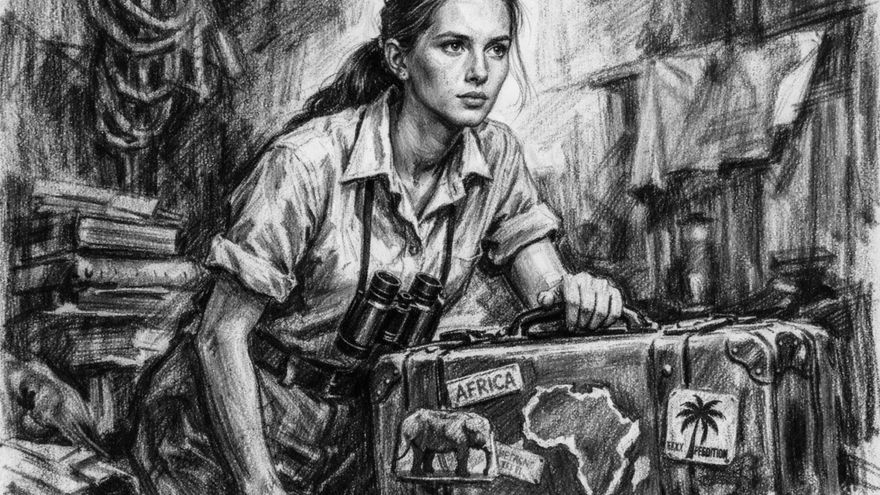 Mlada Jane Goodall prije odlaska u Afriku, prikazana u ugalj stilu s izražajnim kontrastom.