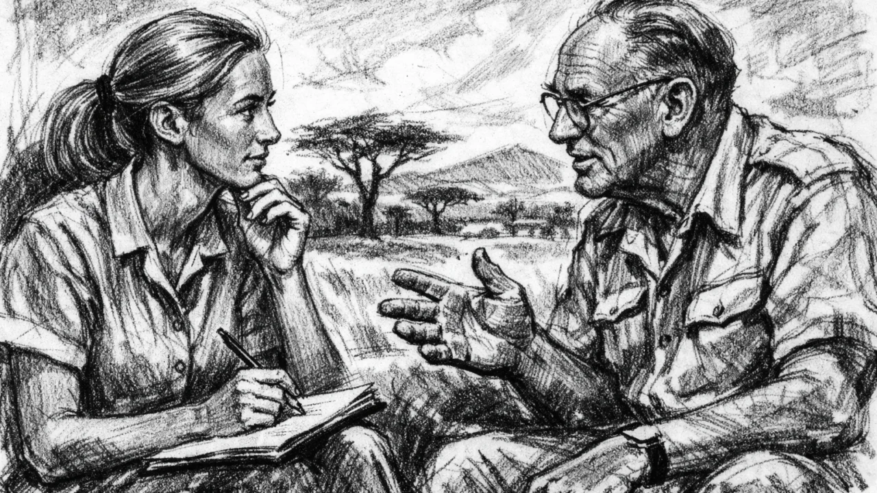Susret Jane Goodall i Louisa Leakeyja u Africi, prikazan u ugalj stilu.