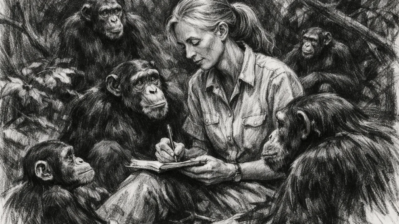 Jane Goodall promatra čimpanze u prirodi, prikazana u ugalj stilu s visokim kontrastom.