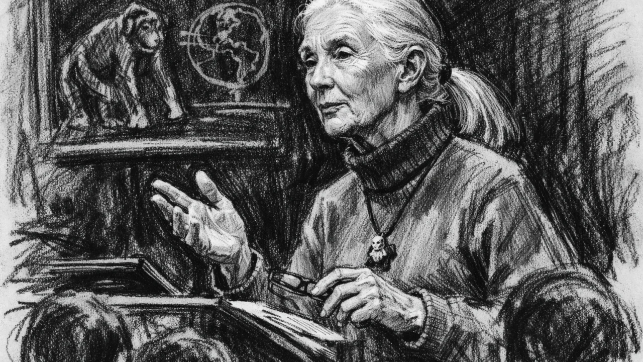 Jane Goodall kao iskusna znanstvenica tijekom predavanja, prikazana u ugalj stilu.