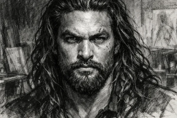 Portret Jasona Momoe u ugalj stilu, crno-bijeli crtež s visokim kontrastom i izražajnim linijama.