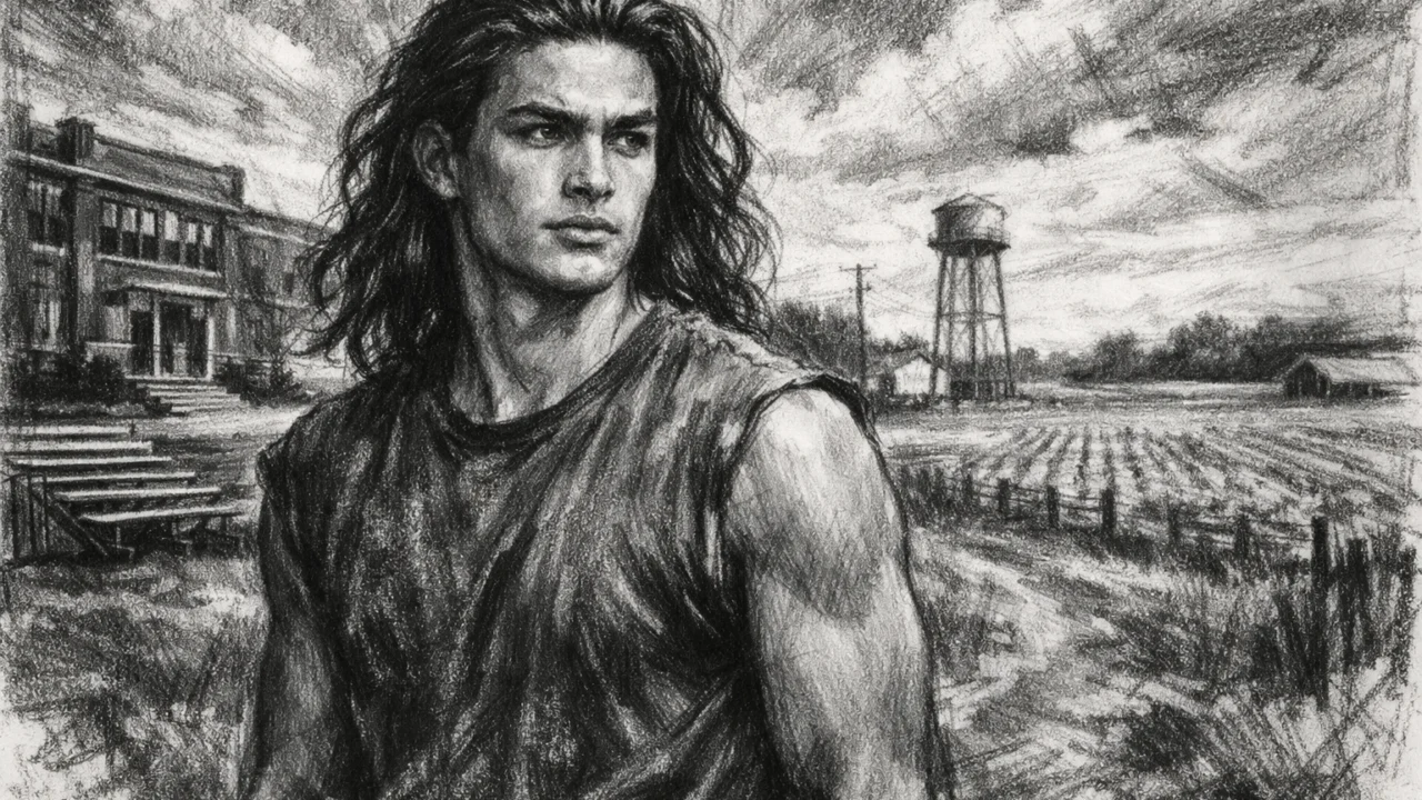 Prikaz mladog Jasona Momoe u Iowi u ugalj stilu, crno-bijela scena s jakim kontrastom.